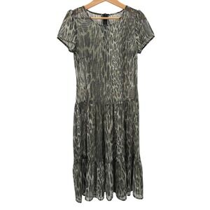 Womens Small Green Alligator Animal Print Ruffle Sheer Dress Puff‎ Sleeve Midi